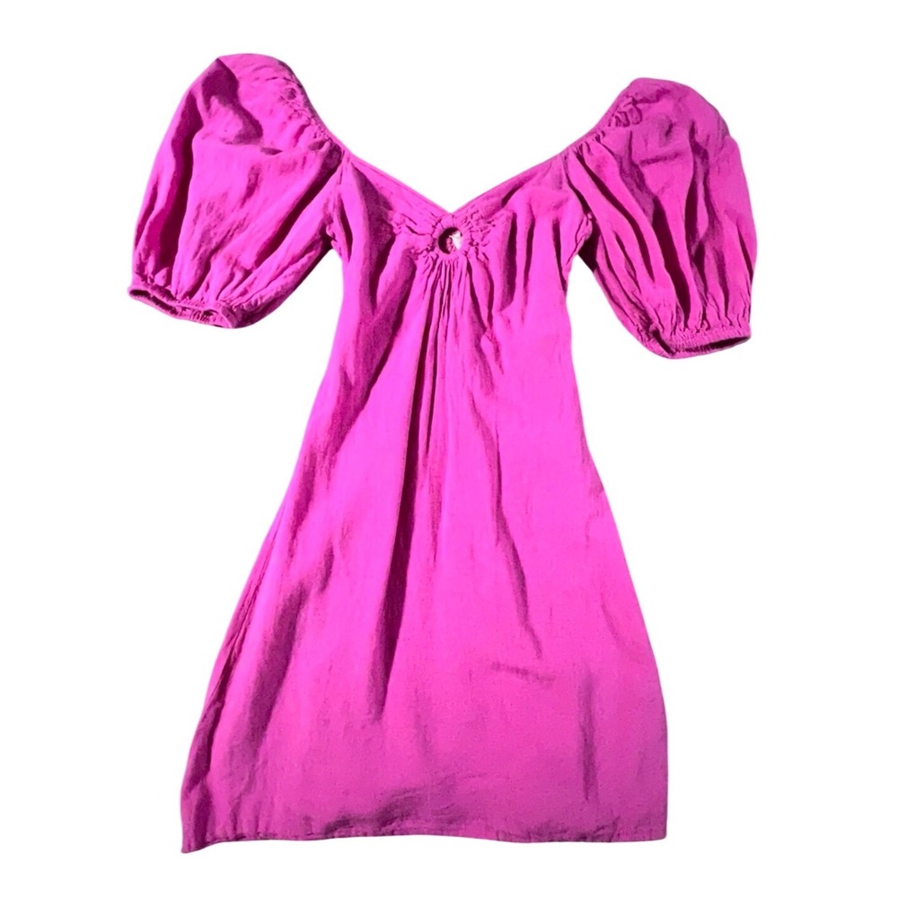Sim & Sam Mini Dress Womens XS Pink Puff Sleeve Smocked O-Ring Linen Blend NWOT